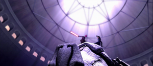 Skywalker and Ventress leaped onto the creature's back.