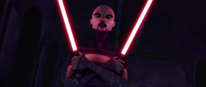 Ventress activates both of her lightsaber blades.