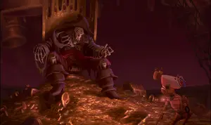 B.E.N. horrified at Captain Flint's skeleton.