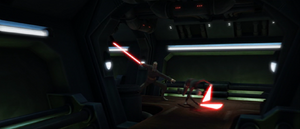 Ventress rolls away with Dooku in pursuit of her.