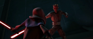 Maul attempts to punch Darth Sidious.