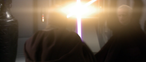 Sidious drove Windu back along the corridor to his public office.