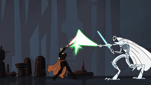 Grievous duels Dooku using both his lightsabers in a training spar.