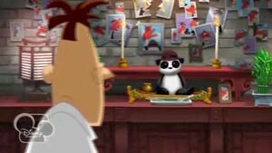 Doof seeing Mystery's obsessive shrine to Peter the Panda, much to his surprise.