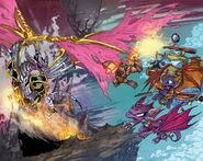 Malefor battling against Spyro, Cynder, Wallop and Hex. This image serves as the cover for the Return of the Dragon King IDW Skylanders comic story bundle.