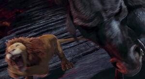 Samson knocks Kazar's right horn off.