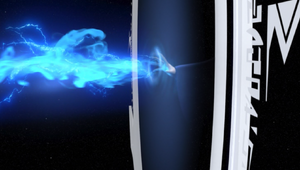 Emperor Palpatine unleashes a fiery energy through the portal.