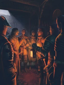 Unwin as one of the Caltrops; thirteen nobles of the Reach who plotted to kill the Two Betrayers, Hugh Hammer and Ulf White. Featuring from left to right: Ser Tyler Norcross, Lord Unwin, Ser Jon Roxton, unidentified noble, Ser Hobert Hightower, two other unidentified nobles, and Lord/Ser Leygood; illustrated by John McCambridge for The Rise of the Dragon.