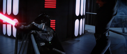 Skywalker repeatedly struck Vader with multiple heavy blows causing the Sith to lean on the handle bars.