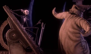 Jack: "Hello, Oogie." Oogie startled to see Jack Skellington.