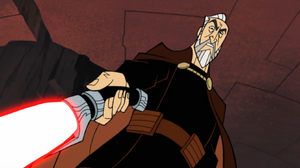 Dooku points his blade directly at Ventress who admitted defeat.