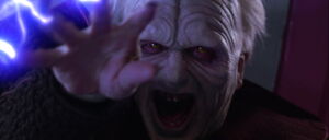 Sidious unleashing his power against an injured Windu.