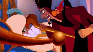 Iago watching Jafar hypnotize the Sultan.