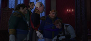 Hans having successfully convinced the dignitaries that Elsa is a threat after lying about Anna's fate.