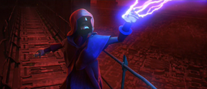 Sidious blasts Anakin with Force lightning while holding him in the air.