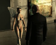 Eve cornering Agent 47 in her private room.