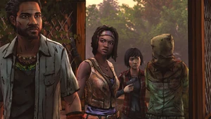 Michonne, Sam and Pete holding Randall hostage and negotiating a trade with Norma for Pete's Crew.