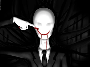 Slender Man using blood to paint a smile on his face.