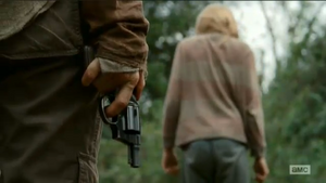 After Lizzie killed her younger sister, Mika. Lizzie believes Carol is mad at her, only for pointing the gun at her and Tyreese, and doesn't understand why Carol is so upset. Lizzie begins to cry, and Carol tells her "Look at the flowers Lizzie, just look at the flowers," as she raises her gun and fires the fatal shot.