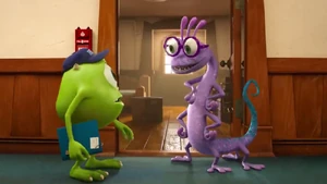 "Hey, there! I'm your roomie!" Randall meets Mike for the first time.