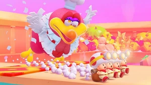 Cookatiel chasing after Captain Toad in Captain Toad: Treasure Tracker.