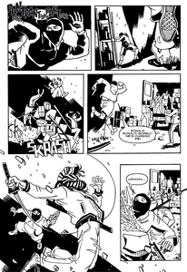Corey chasing after and slashing apart a hoodlum.