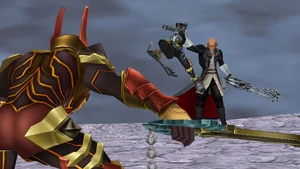 Xehanort facing Terra with a captured Ventus.
