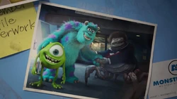 A middle-aged Waternoose greeting teenage Sulley and Mike at Monsters, Inc.