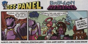 The Babylon Guardian in an Off-Panel comic along with Shahra, Erazor Djinn, and another genie