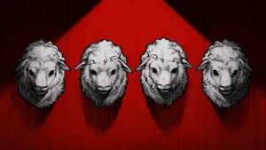 SheepHeadsOnWall.png (1.89 MB) The Wolf's wall of sheep heads.