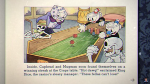 King Dice watching Cuphead and Mugman's winning streak.