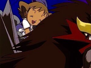 Molly riding on Entei.