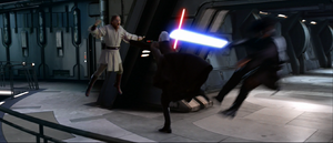 As Kenobi rejoined the duel, Dooku was able to gain the advantage when he used the Force to levitate Kenobi and kick Skywalker into a wall at the same time.
