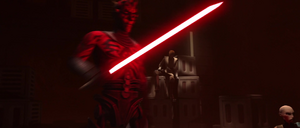 Maul turns to see a winded Obi-Wan above the cargo crates.