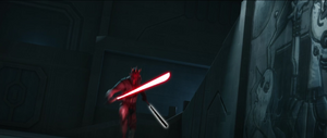 Maul and Sidious rush towards each other in the Sundari plaza.