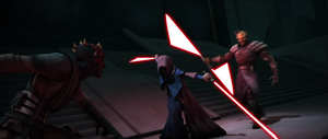 Sidious kicks Maul away while Savage tries to advance on him.