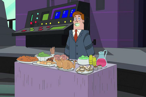 Norm setting up a buffet inside Doof's lair in the TV film.