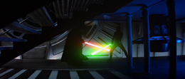 Vader and Luke maneuver the lightsaber duel from under the stairs to the main room.