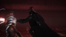 Both combatants ignite their lightsabers as Ahsoka attacks Vader.