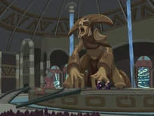 The statue of Coyolxāuhqui in the Brotherhood hideout.