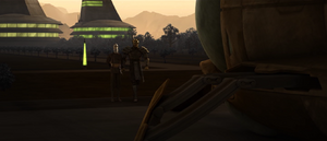 Dooku and Opress walk towards a solar sailor after his Sith lessons.