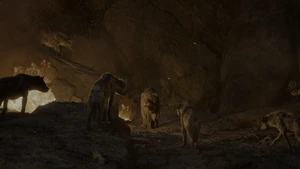 Scar finding himself surrounded by the hyenas as they overheard him betray them