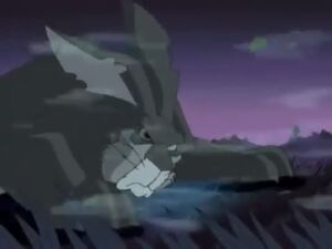 Woundwort's defeat as he is swept away by the black rabbit.