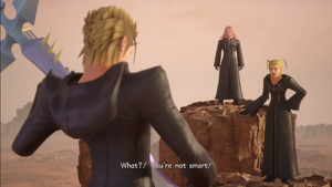 Demyx with Larxene and Marluxia at the Keyblade Graveyard.