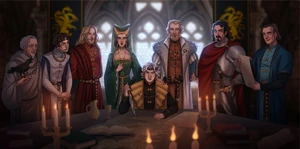 The Green Council, from left to right: Grand Maester Orwyle, Lord Larys Strong, Ser Tyland Lannister, Queen Alicent Hightower, King Aegon II Targaryen, Ser Otto Hightower, Ser Criston Cole, and Lord Jasper Wylde