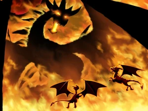 Malefor facing Spyro and Cynder in the DS version of Dawn of the Dragon.