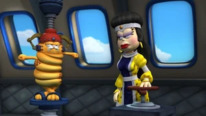 Vetvix tortures Garfield; who she mistakens as Garzooka