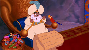 Iago watching the Sultan being presented with Jafar's plan.