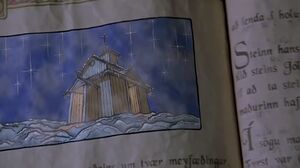 A chapter from the Book of Klaus depicting an 11th-century Icelandic church holding a Christ Mass.