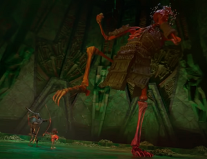 The skeleton being swarmed by birds.